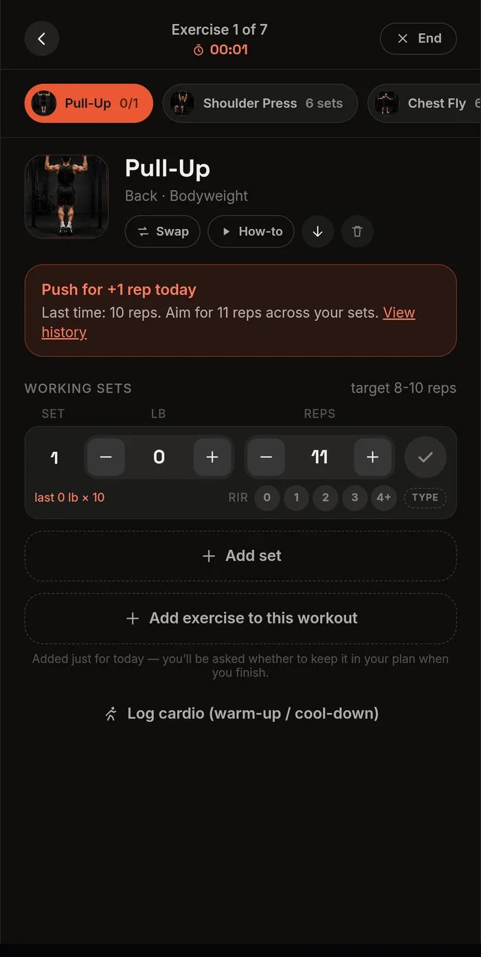 The Alpha Lifts workout screen logging a set of Pull-Ups — weight and reps steppers, an RIR picker, and a progression prompt.